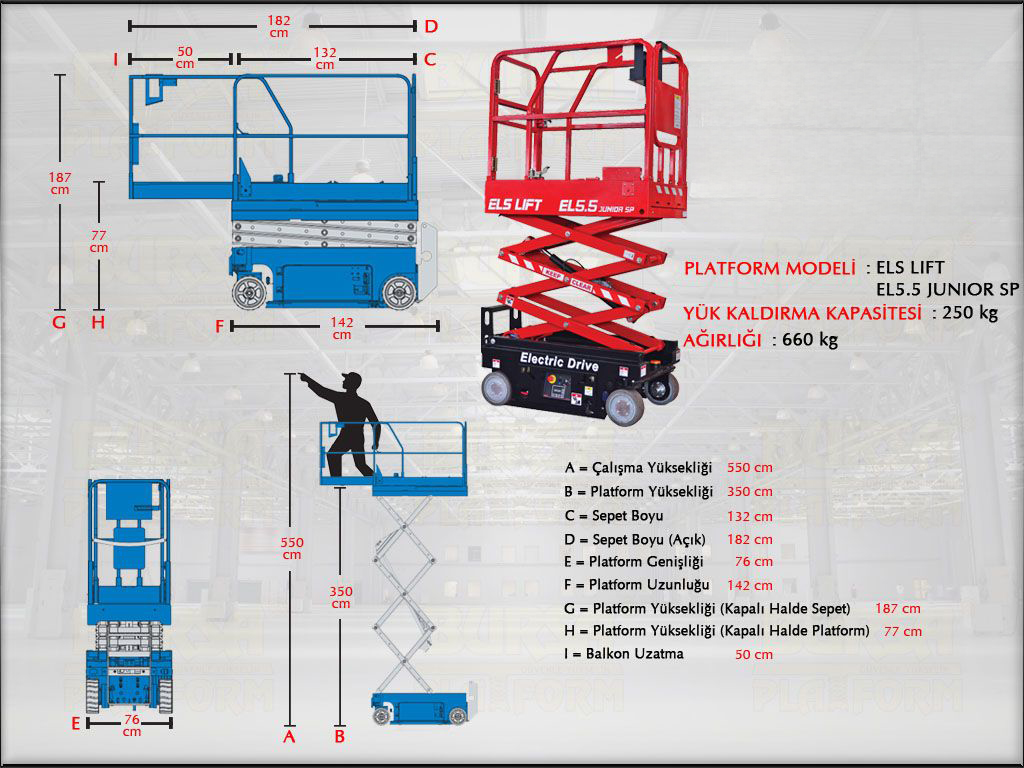 Ak�l� Makasl� Manlift  Platform 5.5 Metrelik (Sepet Uzatmal�)